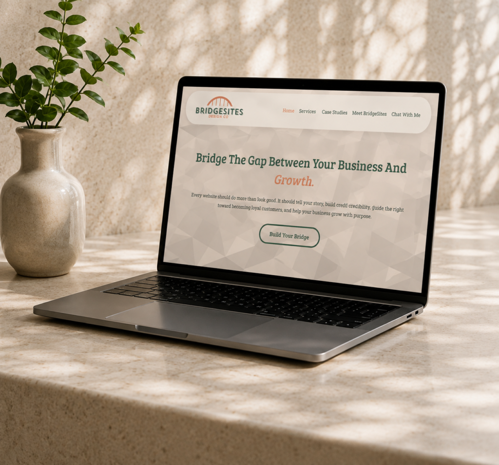 Image of laptop with bridgesites design front page as laptop background